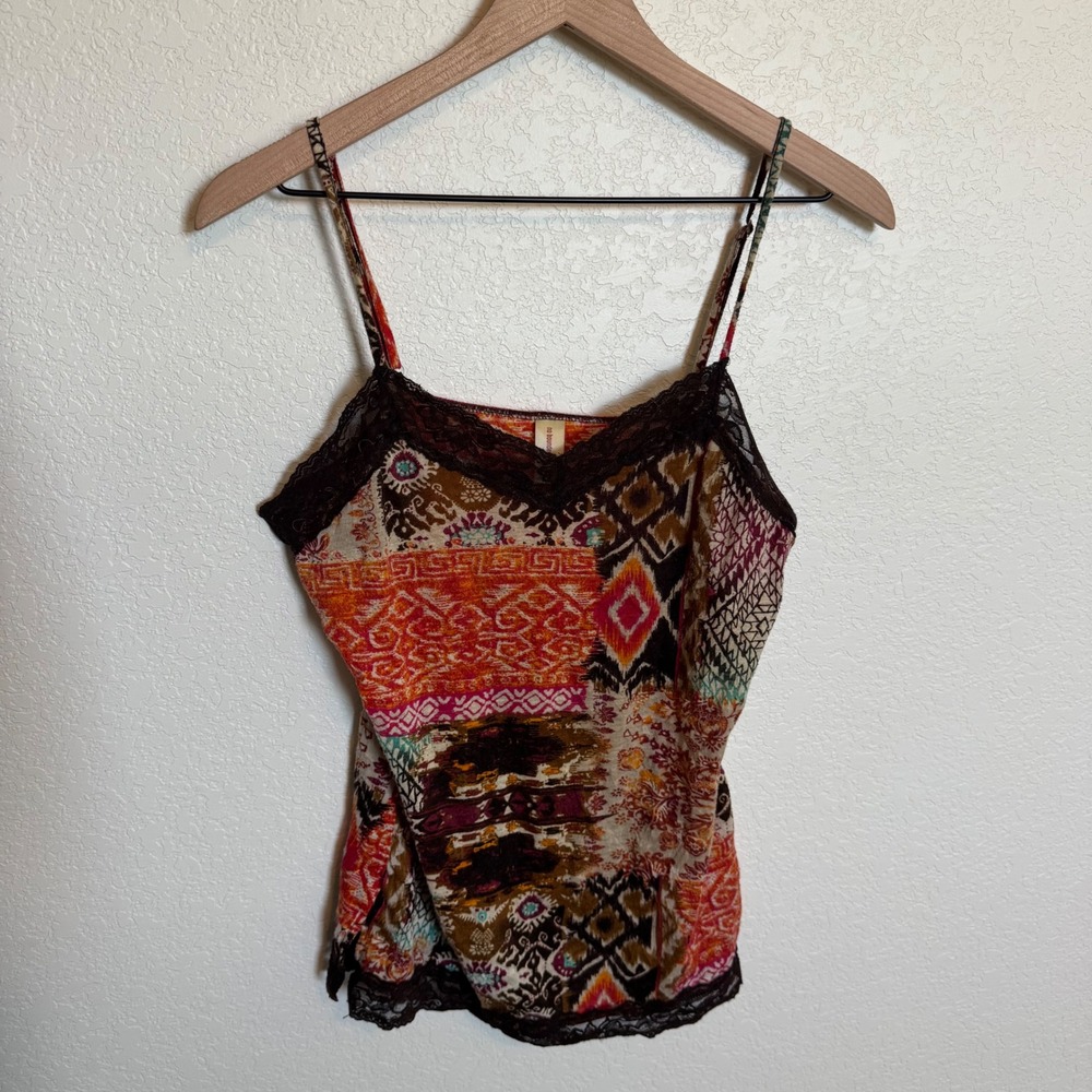 Vintage Y2K Boho Indie No Boundaries Lace Trim Cami Medium Multi-Color